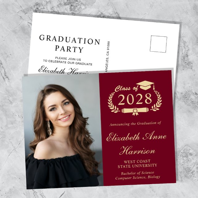 Elegant Photo Burgundy Graduation Party Invitation Postcard (Creator Uploaded)