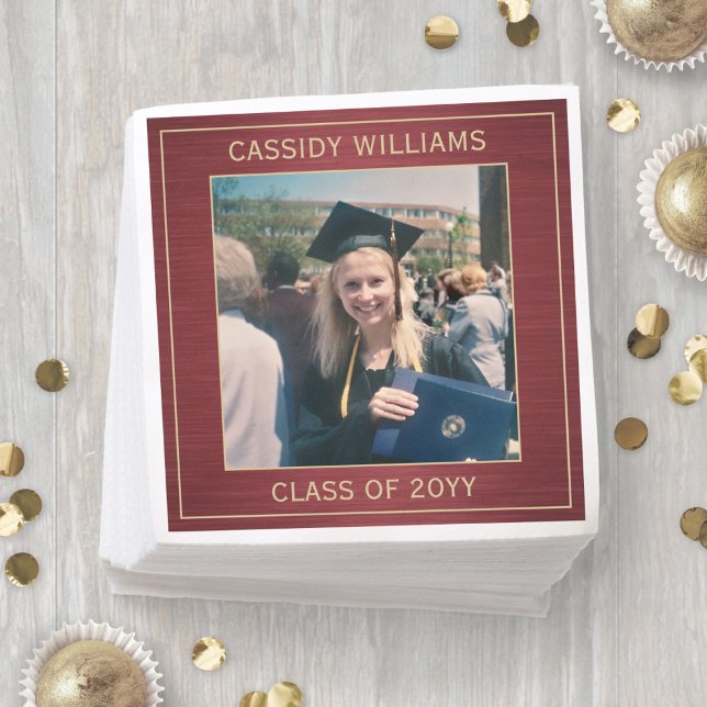 Elegant Photo Burgundy Red Gold Graduation Party Napkin (Creator Uploaded)