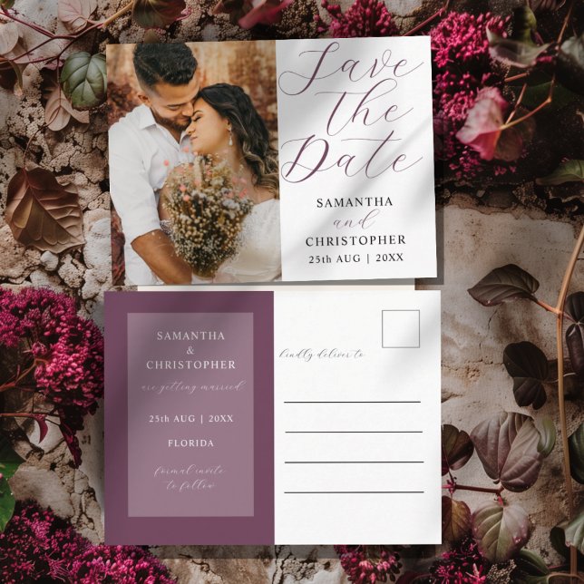 Elegant Photo Burgundy Save the Date Wedding  Announcement Postcard (Creator Uploaded)