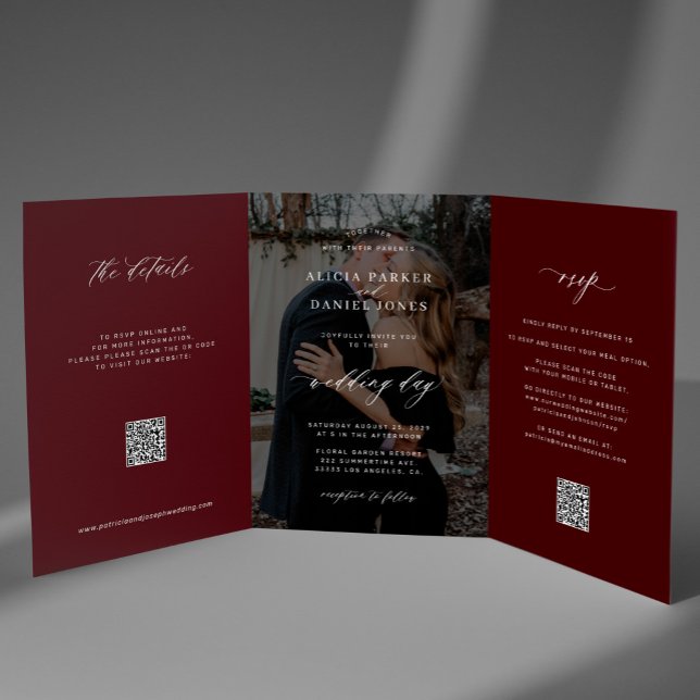 Elegant photo burgundy wedding RSVP details QR Tri-Fold Invitation (Creator Uploaded)