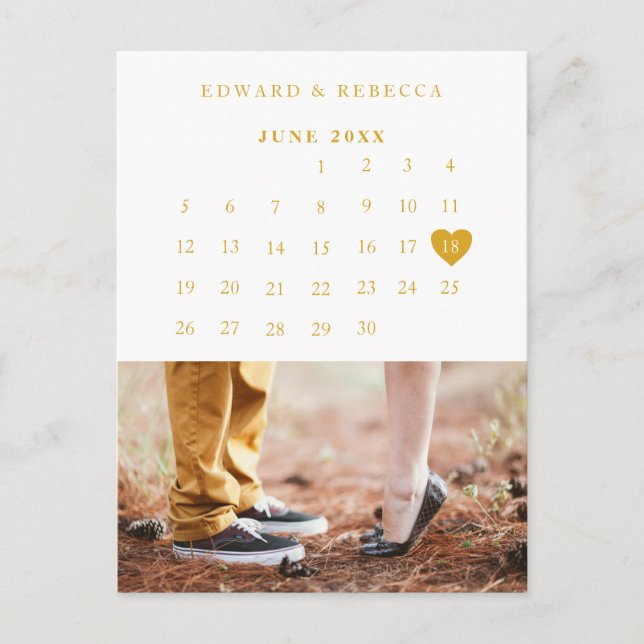 Elegant Photo Calendar Gold Wedding Save the Date Announcement Postcard (Front)