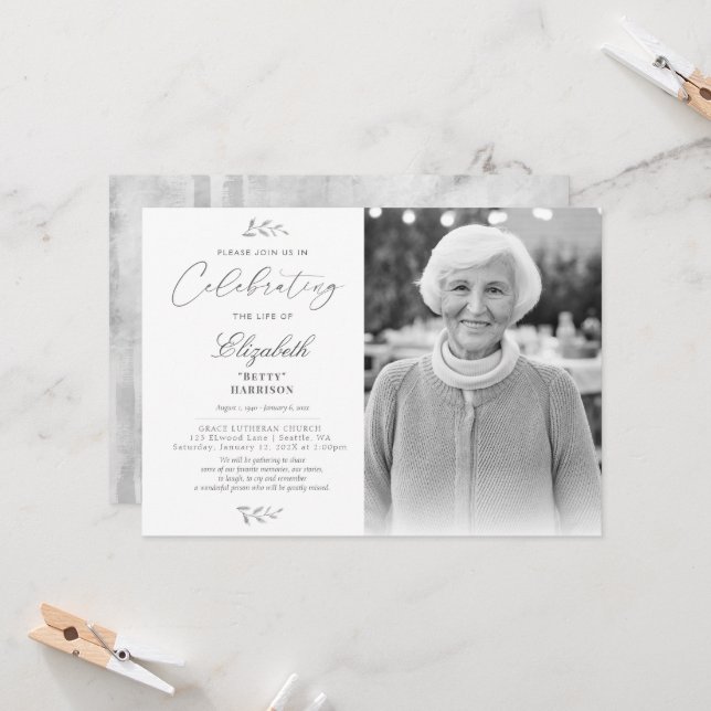 Elegant Photo Celebration of Life Funeral Memorial Invitation (Front/Back In Situ)