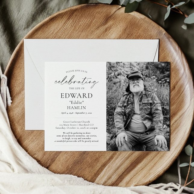 Elegant Photo Celebration of Life Memorial funeral Invitation (Celebration of life photo memorial funeral invitation. Shown with envelopes.)