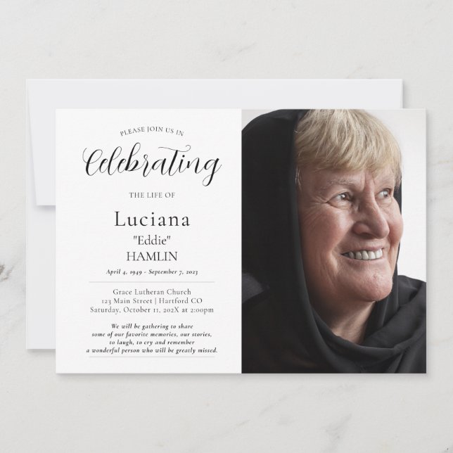 Elegant Photo Celebration of Life Memorial funeral Invitation (Front)