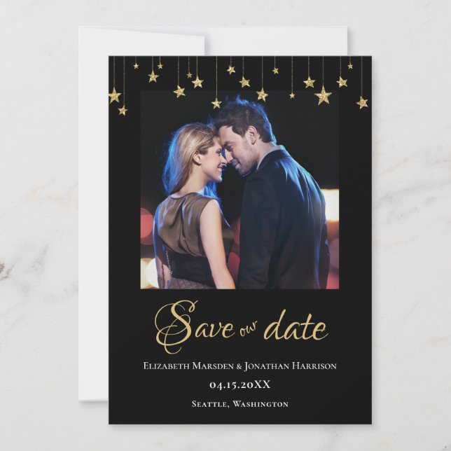 Elegant Photo Chic Black Gold Stars Formal  Save The Date (Front)