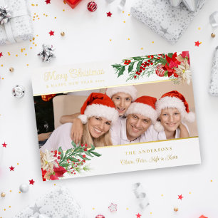 Elegant Photo Classic Merry Christmas Poinsettias Foil Holiday Card