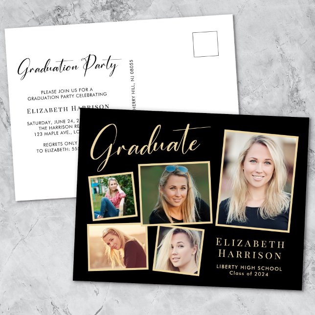 Elegant Photo Collage Black Gold Graduation Party Invitation Postcard (Creator Uploaded)