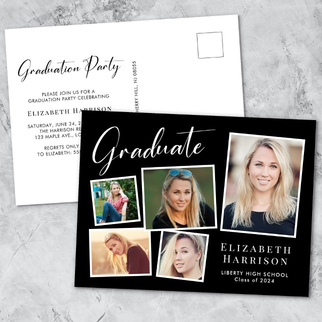 Elegant Photo Collage Black Graduation Party Invitation Postcard (Creator Uploaded)