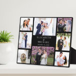 Elegant Photo Collage Black Wedding Plaque<br><div class="desc">An elegant custom multi-photo collage plaque for newlyweds featuring 8 photos of your wedding day,  engagement,  honeymoon,  bridal party,  groomsmen,  family,  etc.,  and your names and wedding date in elegant white typography against a black background.</div>