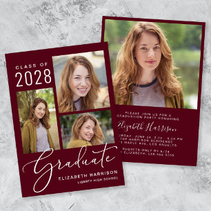 Elegant Photo Collage Burgundy Graduation Party Invitation