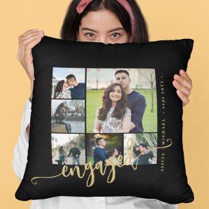 Elegant photo collage gold script engaged couple cushion