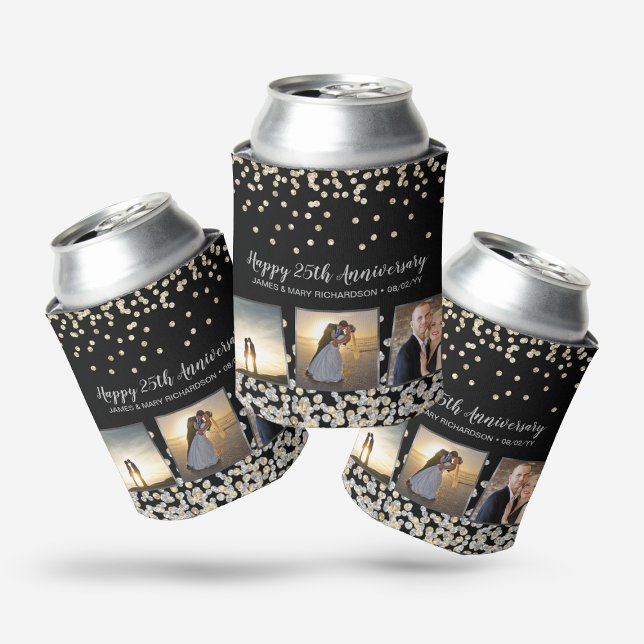 Elegant Photo Collage Gold Silver 25th Anniversary Can Cooler (Creator Uploaded)