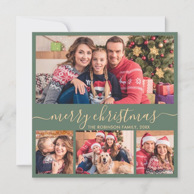 Elegant Photo Collage Green Gold Script Christmas Holiday Card (Front)