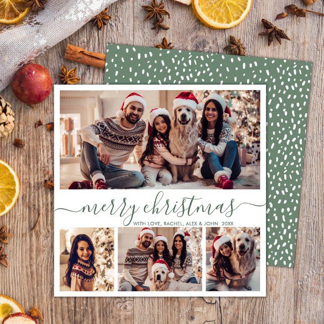 Elegant Photo Collage Green Script Snowy Christmas Holiday Card (Creator Uploaded)