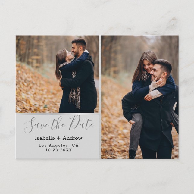 Elegant Photo Collage Grey Silver Save the Date Announcement Postcard (Front)