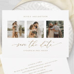 Elegant Photo Collage Minimalist Wedding Save The Date<br><div class="desc">Share your wedding date with this elegant three photo save the date card. Easy to fill in template and order your prints! White and gold design with faux gold foil details. Back with area for any details you like. Ability to edit design and make changes by using the editor tool....</div>