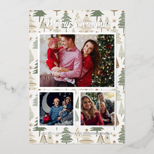Elegant Photo collage modern Christmas trees Foil Holiday Card (Front)
