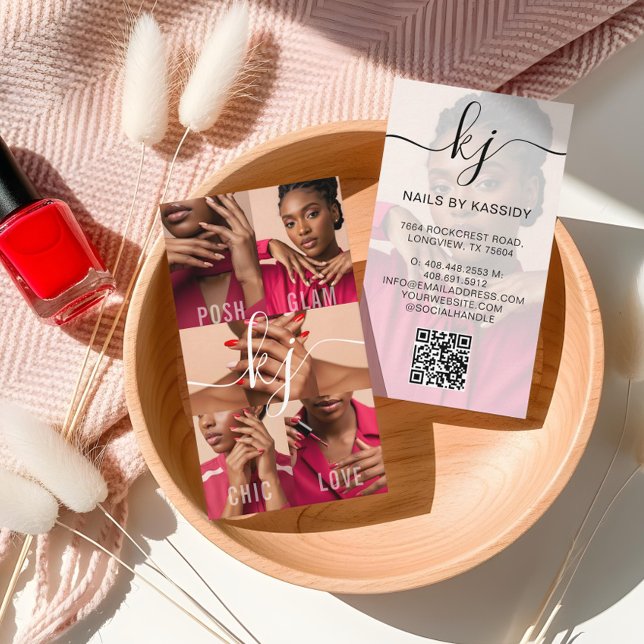 Elegant Photo Collage Nail Salon Script Monogram Business Card (Elegant Photo Collage Script Calligraphy Monogram Business Card)