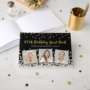Elegant Photo Collage Silver Gold 100th Birthday Guest Book