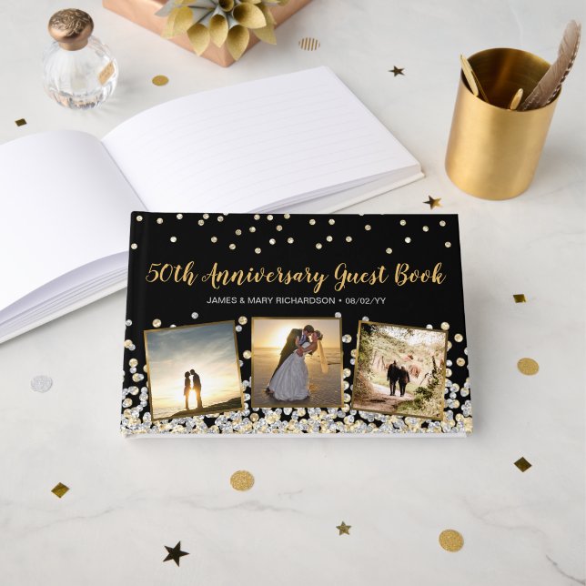 Elegant Photo Collage Silver Gold 50th Anniversary Guest Book (Front Open)