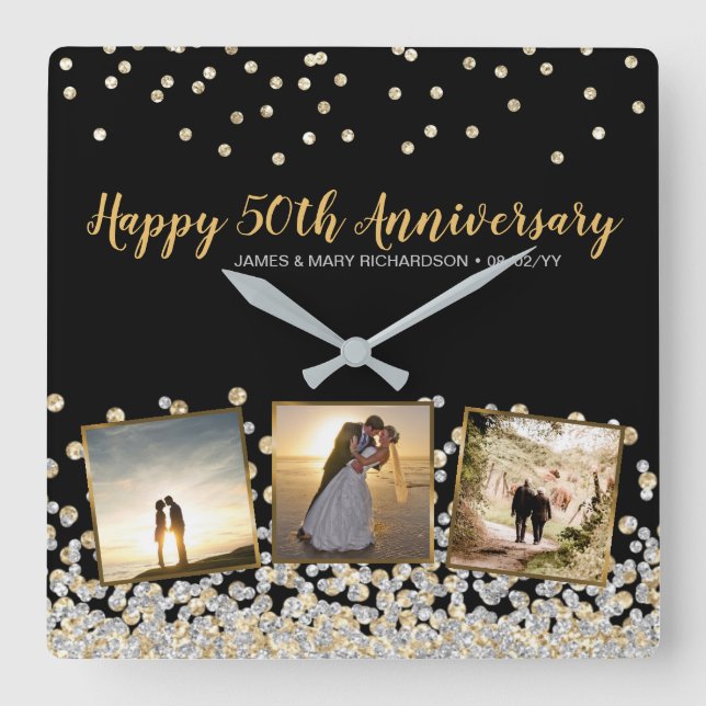 Elegant Photo Collage Silver Gold 50th Anniversary Square Wall Clock (Front)
