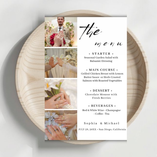 Elegant Photo Collage Wedding Dinner Menu Card (Creator Uploaded)