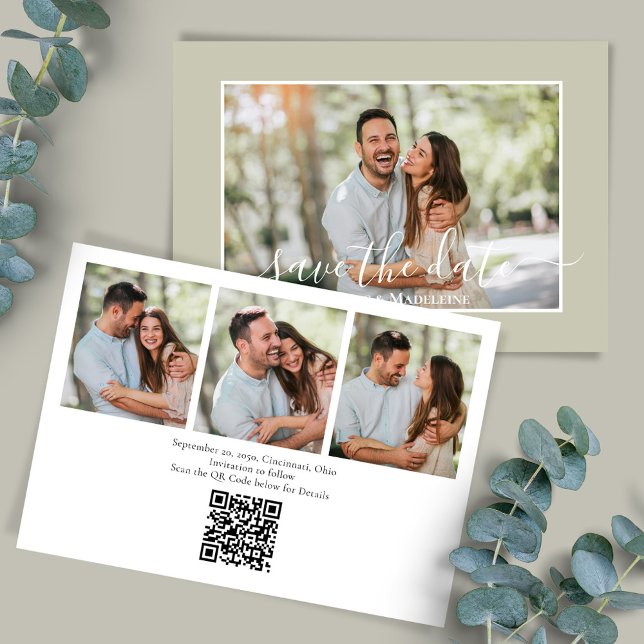 Elegant Photo Collage Wedding Save the Date Invitation (Wedding save-the-date photo card with a scannable QR code. )