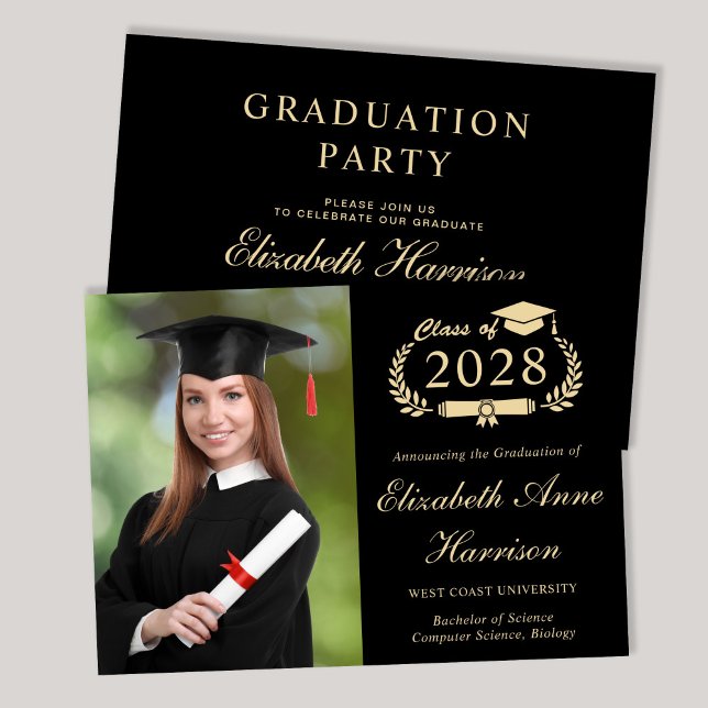 Elegant Photo College Black Graduation Party Invitation (An elegant college graduation party invitation to celebrate the graduate's achievements)