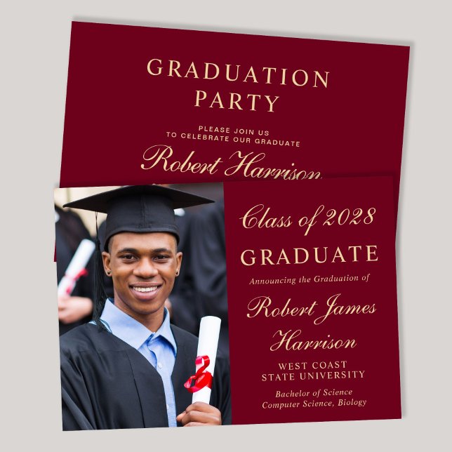Elegant Photo College Burgundy Graduation Party Invitation (An elegant college graduation party invitation to celebrate the graduate's achievements)