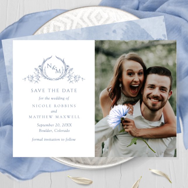 Elegant Photo Dusty Blue Monogram Wedding Save The Date (Creator Uploaded)