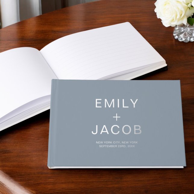 Elegant Photo Dusty Blue Silver Modern Minimalist Guest Book (Creator Uploaded)