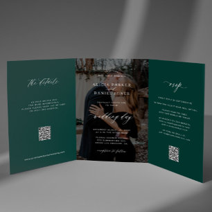 Elegant photo emerald green wedding RSVP detail QR Tri-Fold Invitation