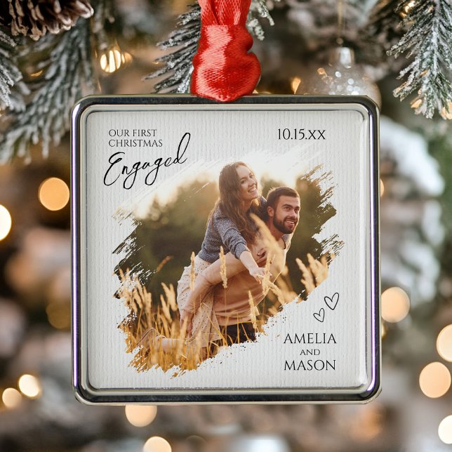Elegant Photo First Christmas Engaged Metal Ornament (Elegant Photo First Christmas Engaged Metal Ornament)
