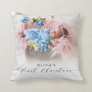 Elegant Photo First Christmas Hand-Lettering Cushion