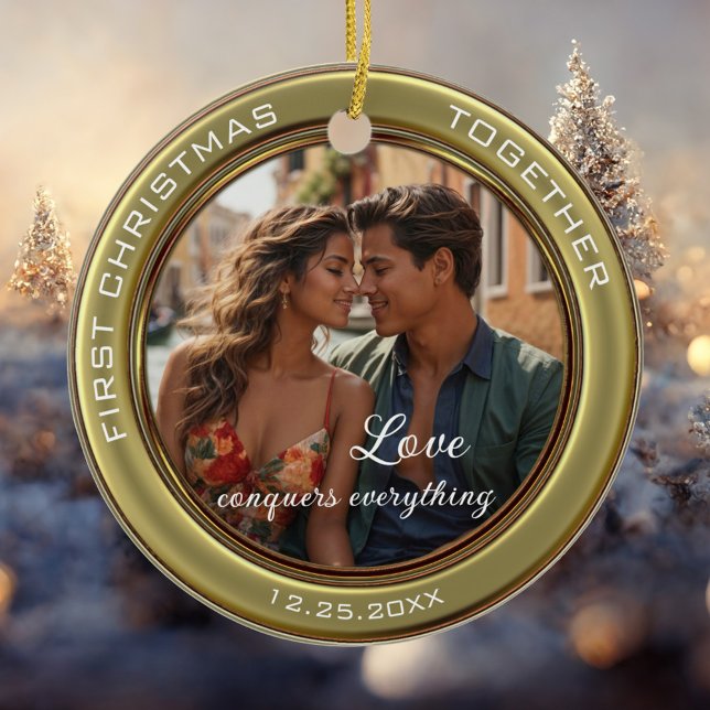 Elegant Photo First Christmas Together Ceramic Ornament (Christmas ornament featuring your own custom photo framed by a stylish green gold metallic design)