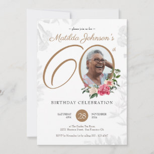 Elegant Photo Floral 60th Birthday Invitation