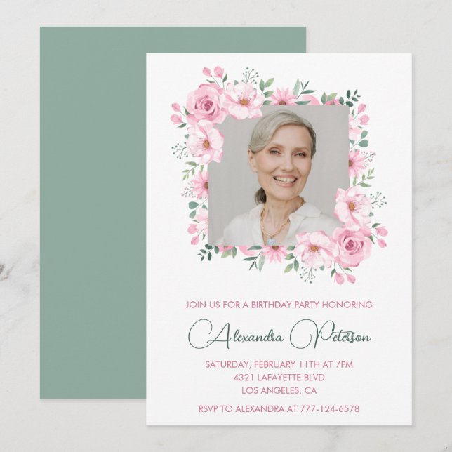 Elegant Photo Floral 76th birthday invitations  (Front/Back)