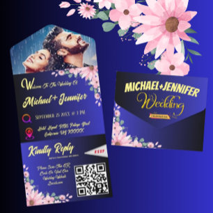 Elegant Photo Floral Blue Tearaway Wedding  All In One Invitation