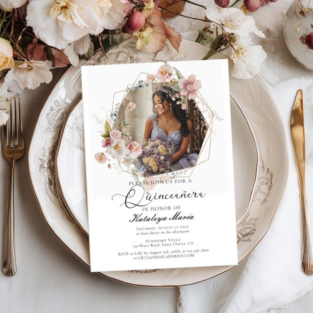 Elegant photo floral Quinceanera Invitation (Creator Uploaded)