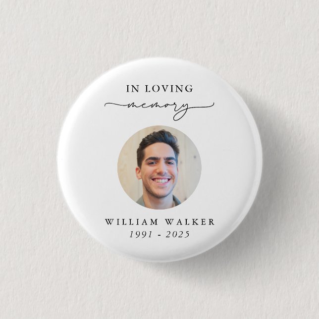 Elegant Photo Funeral Memorial In Loving Memory 3 Cm Round Badge (Front)