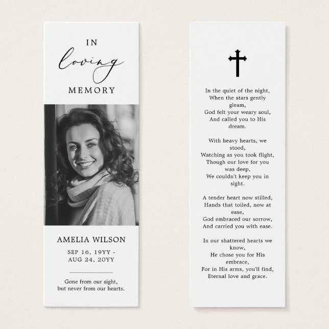 Elegant Photo Funeral Memorial Poem Bookmark Card (Front & Back)