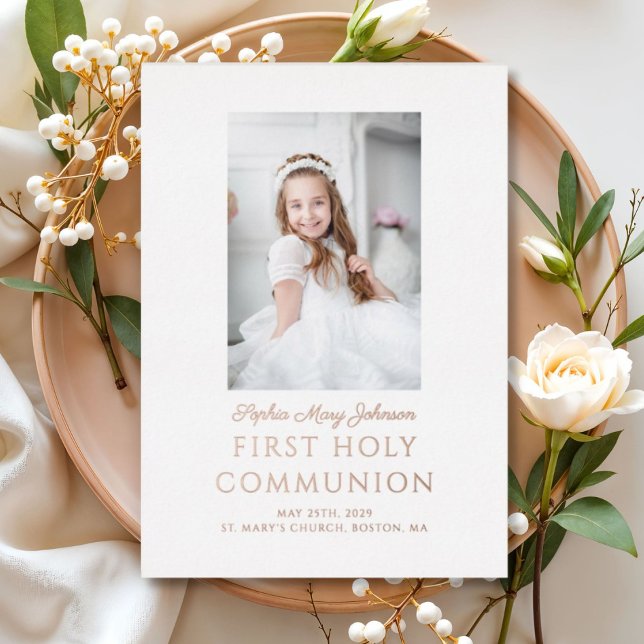 Elegant Photo Girl First Communion Rose Gold (Elegant Gold Foil Photo Girl First Communion Foil Invitation)