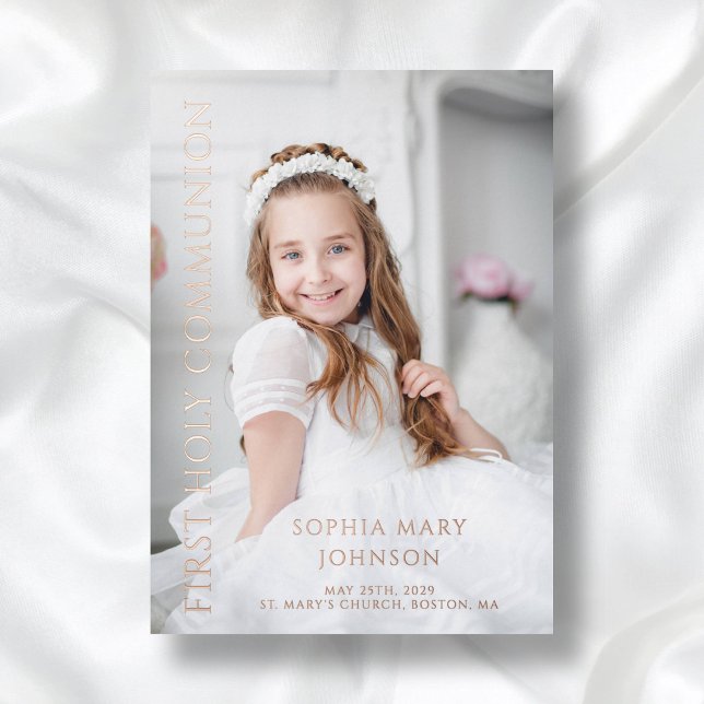 Elegant Photo Girl First Communion Rose Gold (Elegant Girl First Communion Photo Rose Gold Foil Invitation)