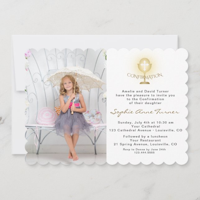 Elegant Photo Girl Gold Chalice Girl Confirmation Invitation (Front)