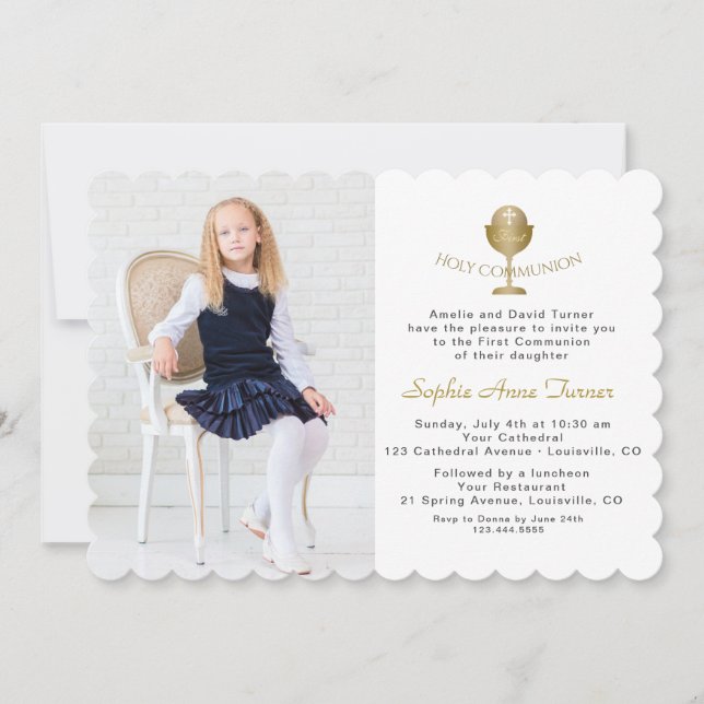 Elegant Photo Girl Gold Chalice Holy Communion Invitation (Front)