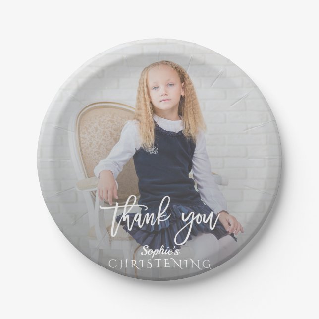 Elegant Photo Girl Gold Cross Christening Paper Plate (Front)