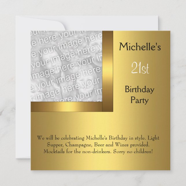 Elegant Photo Gold Black 21st Birthday 2 Invitation (Front)