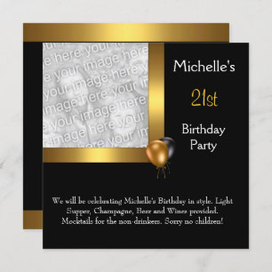 Elegant Photo Gold Black Balloon 21st Birthday Invitation