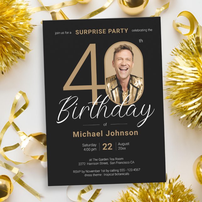 Elegant Photo Gold Black Surprise 40th Birthday Invitation (Elegant Photo Gold Black Surprise 40th Birthday Invitation)