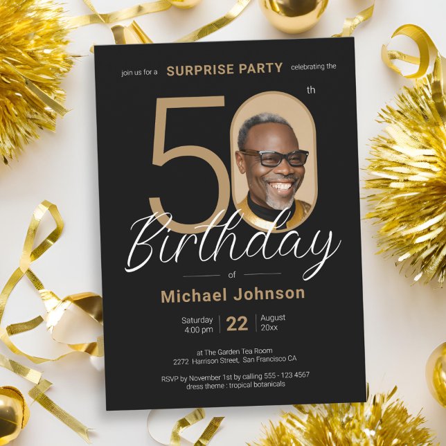 Elegant Photo Gold Black Surprise 50th Birthday Invitation (Elegant Photo Gold Black Surprise 50th Birthday Invitation)